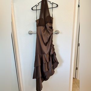 Brown halter dress. High low from left to right.